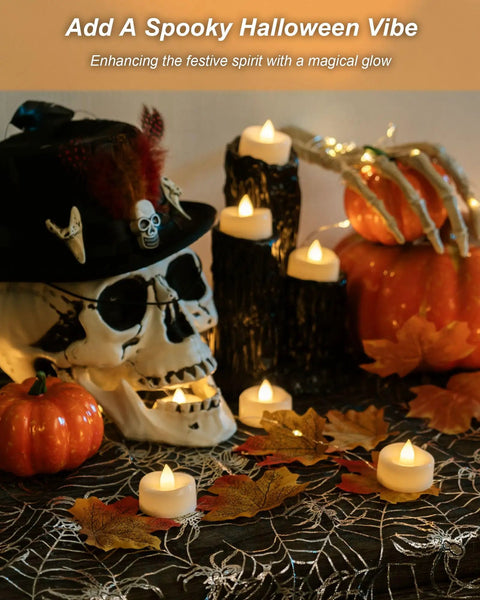 Flameless LED Tea Lights Set For Party And Home Battery Operated Flickering Votive Candles glowing with Halloween decor