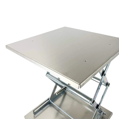 Lab Workhorse Jack Lift Scissor Table in Stainless Steel 12x12 Platform Adjustable Height Up To 18 Inches 55 Pound Load Capacity