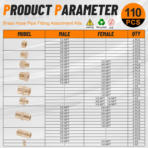 Dazakoot 111Pcs Hose Pipe Fitting Assortment Kit product parameter chart showing brass fittings list and quantities.