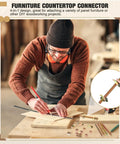 Man measuring wood with bed frame hardware connector kit 24 sets M8x100mm four in one connectors and half moon spacers shown.