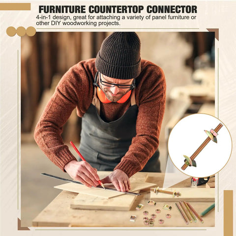 Man measuring wood with bed frame hardware connector kit 24 sets M8x100mm four in one connectors and half moon spacers shown.