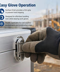 Heavy Duty Duckbill Hasp Latch Set 5 Pack With Screws For Cargo Safety And Metal Storage Security Rigged Tight Fit To Lock Gear During Long Hauls., gloved hand closing silver duckbill hasp latch on metal cargo box