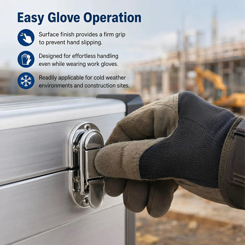 Heavy Duty Duckbill Hasp Latch Set 5 Pack With Screws For Cargo Safety And Metal Storage Security Rigged Tight Fit To Lock Gear During Long Hauls., gloved hand closing silver duckbill hasp latch on metal cargo box