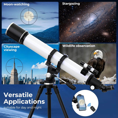 High Powered 90mm Refractor Telescope For Adults With 900mm Focal Length, 36X To 270X Magnification, featuring versatile applications