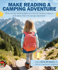 Child with backpack holds Kids Book Night Light Lantern For Camping And Reading USB Rechargeable Desk Lamp For Students Kid Friendly Sleep Aid With Sunset And Daylight Modes Portable Emergency Power Outage Light 6 To 12 Hour Battery
