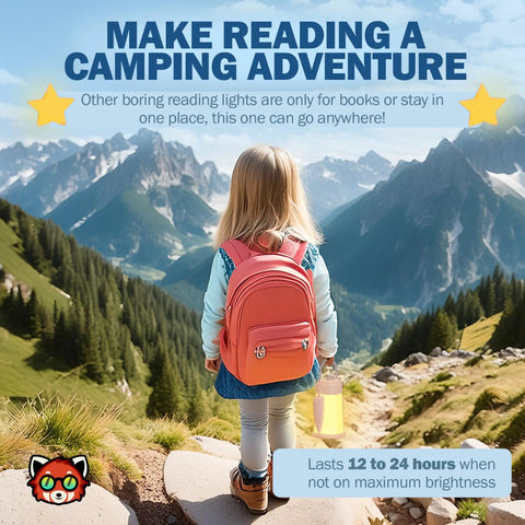Child with backpack holds Kids Book Night Light Lantern For Camping And Reading USB Rechargeable Desk Lamp For Students Kid Friendly Sleep Aid With Sunset And Daylight Modes Portable Emergency Power Outage Light 6 To 12 Hour Battery
