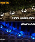 Wireless Solar Deck Lights Outdoor LED Pathway Markers 12 Pack Dual Color Modes Cool White and Blue illuminating walkway.