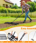 Heavy Duty Lawn Leveling Rake With Four Spiked Wheels And Smooth Roller used by woman on soil with assembly steps shown