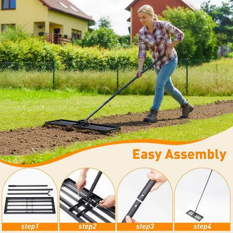 Heavy Duty Lawn Leveling Rake With Four Spiked Wheels And Smooth Roller used by woman on soil with assembly steps shown