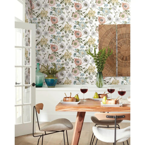 Dining room with Vintage Poppy Pink Peel And Stick Wallpaper For Walls Easy Removable No Mess No Residue Easy Peasy DIY Install decor
