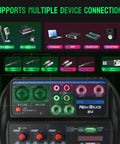 Detail of 4 Channel DJ Mixer With Bluetooth Streaming, Built In MP3 Player, USB Audio Interface, XLR And One Quarter Inch Outputs, 48V Phantom Power showing various device connections.