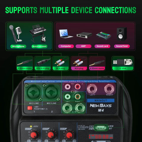 Detail of 4 Channel DJ Mixer With Bluetooth Streaming, Built In MP3 Player, USB Audio Interface, XLR And One Quarter Inch Outputs, 48V Phantom Power showing various device connections.