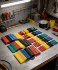 Dope 328 Pieces Heat Shrink Tubing Kit With 7 Sizes Polyolefin Cable Sleeves For Tough Wire Wraps And Flame Retardant Electrical Repairs For Engine Bays Sick For Quick Fixes Without Breaking The Bank Or Damaging Connectors. color-sorted tubes on workbench