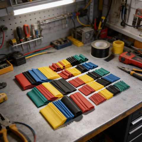 Dope 328 Pieces Heat Shrink Tubing Kit With 7 Sizes Polyolefin Cable Sleeves For Tough Wire Wraps And Flame Retardant Electrical Repairs For Engine Bays Sick For Quick Fixes Without Breaking The Bank Or Damaging Connectors. color-sorted tubes on workbench