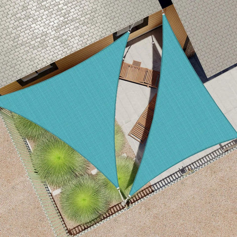 Turquoise 8x8x8 Foot Triangle Sun Shade Sail For Outdoor Patio Pergola Cover HDPE UV Resistant installed over patio
