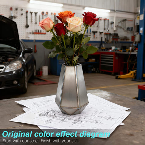 Vase made from Beginner Welding Practice Kit 17 Gauge 304 Stainless Steel Plate For TIG MIG Mastery on workshop table
