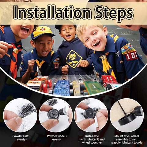 Group of scouts assembling Pinewood Derby cars using Pinewood Derby Axles And Graphite Lubricant Kit With Four Polished Grooved Axles.