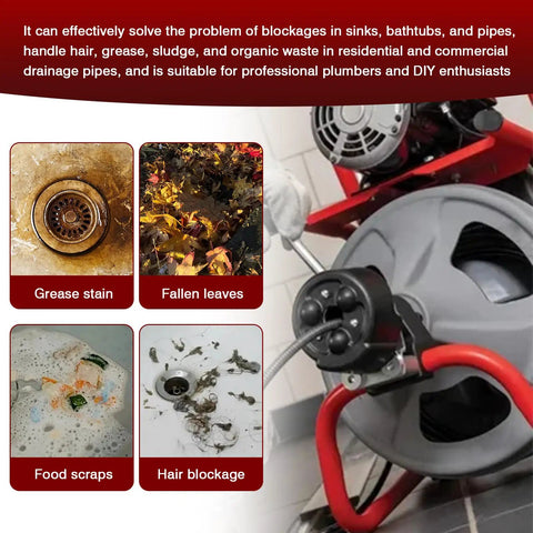 Professional Grade 10 Piece Heavy Duty Drain Snake Drill Attachment And Auger Tool Kit For Clearing Stubborn Kitchen And Bathroom Clogs No Sweat With 5 8 Inch Cable Heads with various types of clogs shown.