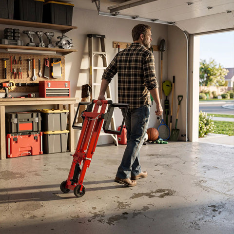 Man carrying Betisef 500 Lb Hydraulic Mower Lift Jack for Lawn Tractor in garage, designed for 40 to 47.6 inch axles.