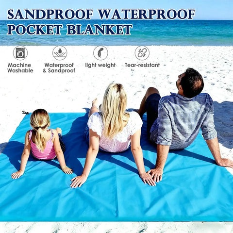 Family on blue Portable 57x60 Inch Picnic Blanket Waterproof Sandproof Quick Dry Beach Mat at sunny beach