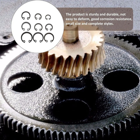 External Circlip Assortment Kit 100 Pcs Black Steel C Clips Rotatable Snap Rings shown with gears and text on durability