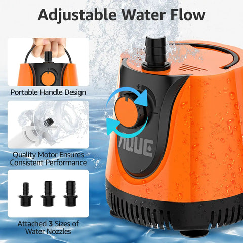All Round Water Intake Submersible Pump For Fish Tanks Ponds And Hydroponics With 360 Degree Bottom Suction 985 Liters Per Hour Flow with water resistance and three nozzle options.