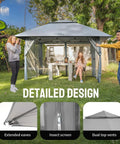 13x13 Pop Up Gazebo Canopy Tent For Backyard And Patio with two people assembling, gray canopy, wheeled carry bag, outdoor shelter
