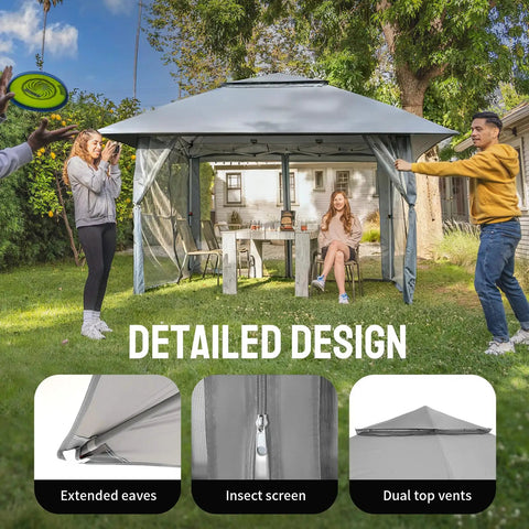 13x13 Pop Up Gazebo Canopy Tent For Backyard And Patio with two people assembling, gray canopy, wheeled carry bag, outdoor shelter