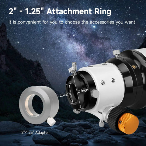 Close-up of 102mm F7 Refractor Telescope for Adults with dual-speed focuser and adapter attachment under starry sky.