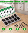 Pro Grade M4 Flat Head Machine Screws Black 168 Piece Heavy Duty Kit in organized case for electrical box use.