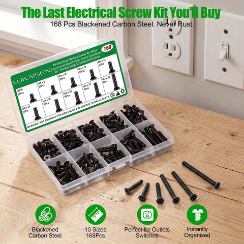 Pro Grade M4 Flat Head Machine Screws Black 168 Piece Heavy Duty Kit in organized case for electrical box use.