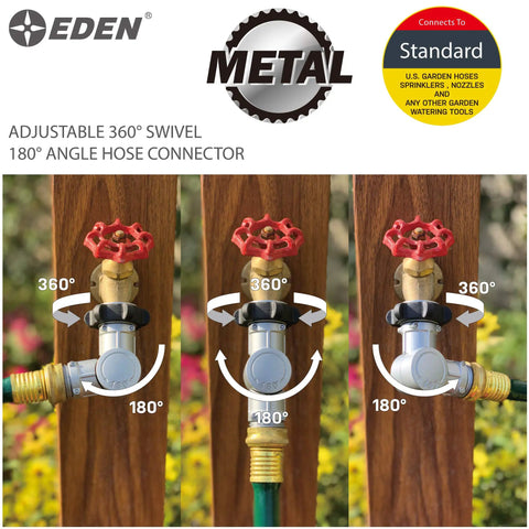 Adjustable 180 Degree and 360 Degree Metal Swivel Connector With TPR Grip attached to garden faucet showcasing swivel angles.