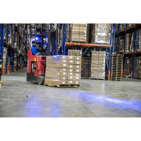 Hot Blue LED Pedestrian Warning Light For Forklifts Pumps Out 400 Lumens Of Straight Up Visibility To Keep Your Crew Safe From Blind Spots Boasting No Hassle IP69K Rated Aluminum Housing And Gritty Polycarbonate Lens For Serious Durability