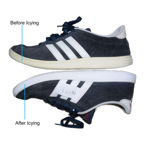 Comparison of shoes before and after using Powerful 2000W UV Light Box Curing Enclosure For Shoes And Resin, showing restored white soles.
