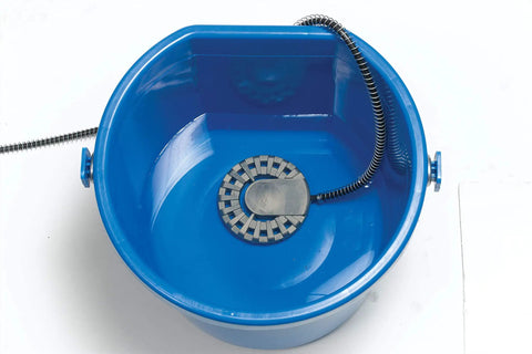 Submersible Bucket Deicer Water Heater for Livestock and Outdoor Pets, 250 Watt with Large Surface and Dual Thermostats in blue bucket