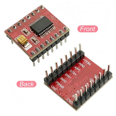 Front and back view of Dual TB6612FNG Motor Driver Module for Arduino Raspberry Pi ESP32, showing pin layout and components.
