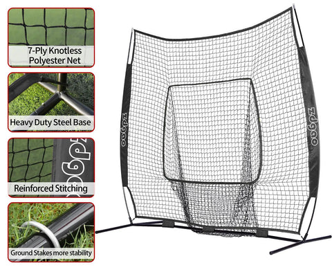 Heavy Duty 7x7ft Portable Baseball And Softball Practice Net with knotless netting, durable frame, and carry bag for easy assembly.