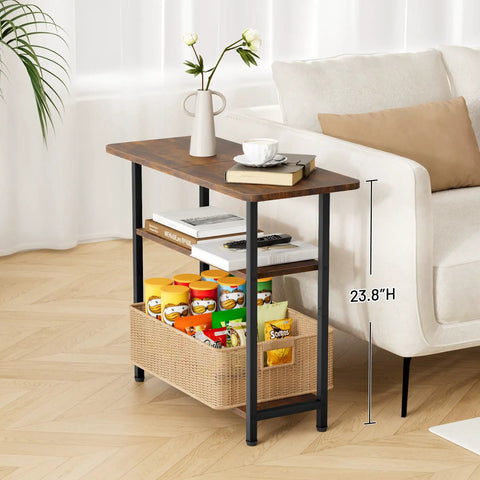 Tiny Footprint 3 Tier End Table With Wide Storage Surface For Small Spaces Rustic Brown Narrow Side Table next to sofa.