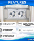 Twin Window Fan With Reversible Airflow And Auto Locking Expanders 9 Inch Dual Speed Operation installed in a window.