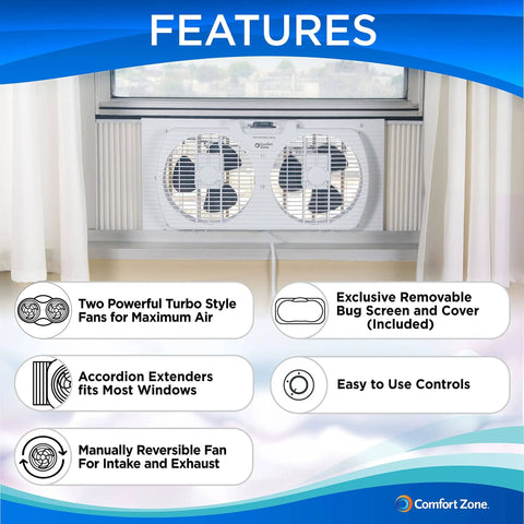 Twin Window Fan With Reversible Airflow And Auto Locking Expanders 9 Inch Dual Speed Operation installed in a window.