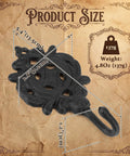 Six Pack Rock Solid Cast Iron Wall Hooks With Rustic Indian Leaf Design Heavy Duty Matte Black Finish, measuring 5.4x2.8 inches.