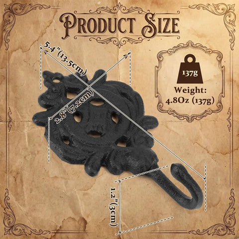 Six Pack Rock Solid Cast Iron Wall Hooks With Rustic Indian Leaf Design Heavy Duty Matte Black Finish, measuring 5.4x2.8 inches.