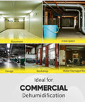 Commercial spaces including basement, crawl space, garage, workshop, and water damaged room suitable for dehumidification.