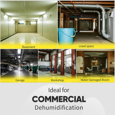 Commercial spaces including basement, crawl space, garage, workshop, and water damaged room suitable for dehumidification.
