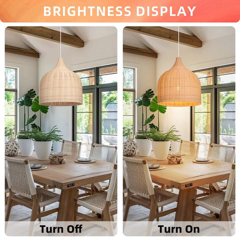 Natural Rattan Woven Pendant Light 13.78 Inch Handmade Ceiling Fixture For Kitchen Island Dining Room Hallway Foyer Dome Shade Chandelier Warm Cozy Vibe Lighting Easy Install Eco Friendly Home Decor in dining area, off and on view.