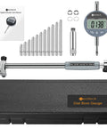 Pro Grade Deep Engine Cylinder Bore Gauge Set With Digital Indicator, self-centering dial, carbide anvils, insulated grips