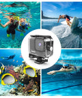 Collage showing Waterproof Dive Housing for Go Pro 11 10 9 Action Cameras With 60m 196ft Depth Rating and various water sports activities.