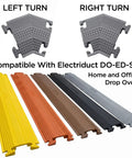Brown Rubber Floor Cord Cover With Slick 45 Degree Right Turn And Easy Snap T Connectors For Low Profile Wire Routing displayed in various colors and angles.