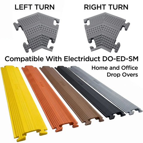 Brown Rubber Floor Cord Cover With Slick 45 Degree Right Turn And Easy Snap T Connectors For Low Profile Wire Routing displayed in various colors and angles.
