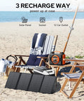 On The Go Portable Solar Generator 300W Power Station With 40W Panels Included on beach chair next to 40W solar panel